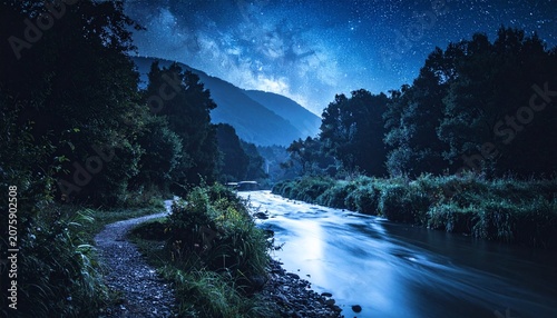 Fantasy Moonlit River with Glowing Water Under a Starry Night Sky
