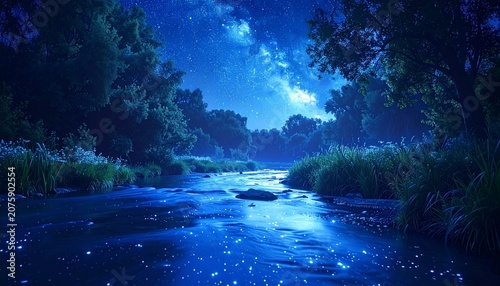 Fantasy Moonlit River with Glowing Water Under a Starry Night Sky
