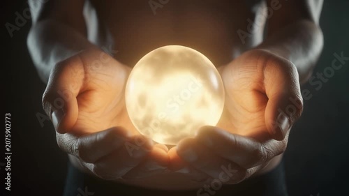 Bare-Chested Man Holding Glowing Orb in Hands
