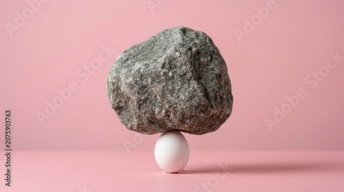 A large, gray rock delicately balances on a small, white egg. The rock is textured and rough, contrasting with the smooth, pristine surface of the egg.