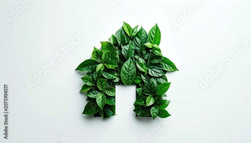 A house shape formed from lush green leaves on a white background.