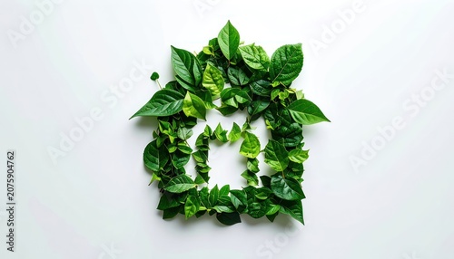 A house shape is formed from vibrant green leaves on a white background.