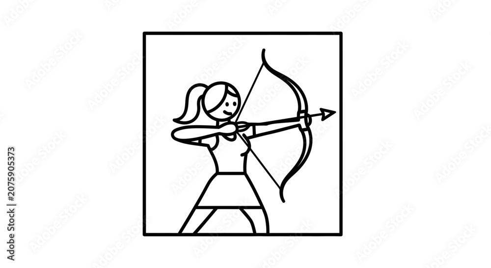 Obraz premium Woman Archer Aiming Bow and Arrow, Stick Figure Style
