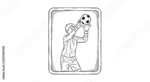 Young Goalkeeper Catching Soccer Ball in Vintage Sketch Style