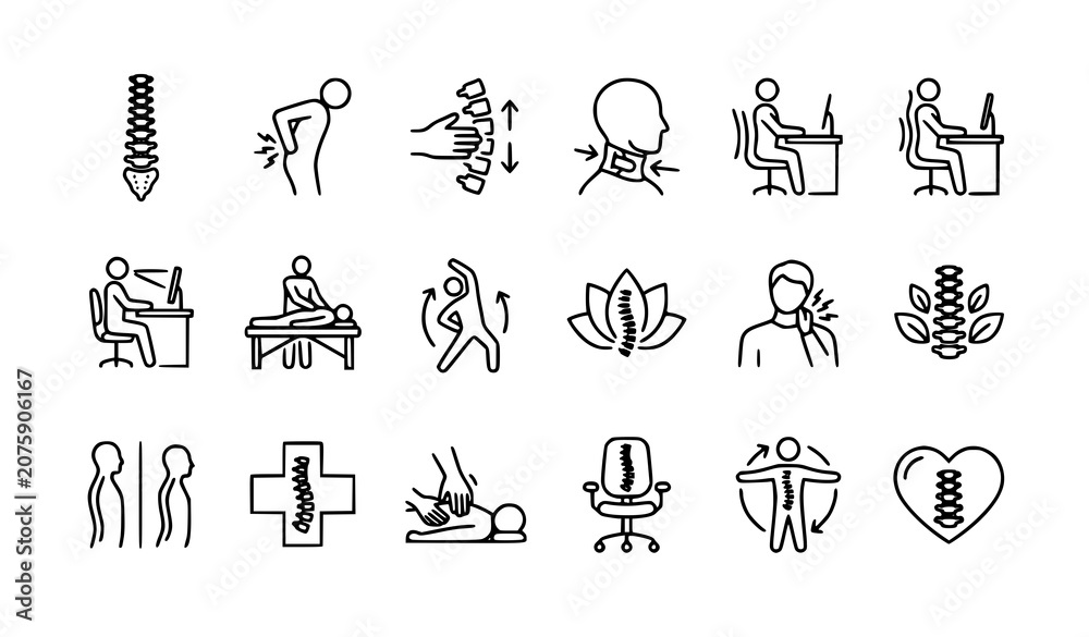 Fototapeta premium Modern chiropractic and spine care outline icon pack vector illustration