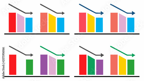 Cuadro en lienzo Colorful bar charts with descending arrows on white background