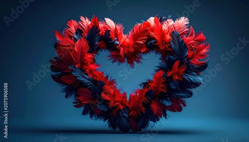 A heart-shaped arrangement of red and dark blue feathers on a plain blue background.