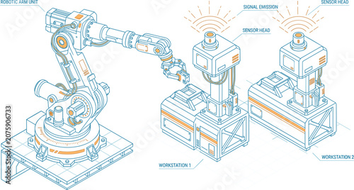 Isometric robotic arm unit assembly workstation with sensor head signal emission automated factory machinery blueprint vector illustration