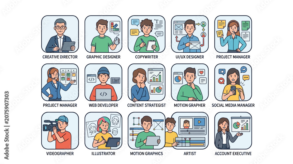 Fototapeta premium Set of Diverse Creative Agency Professional Character Icons in Flat Illustration Style