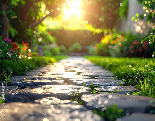 A tranquil garden path bathed in the golden light of a sunrise.