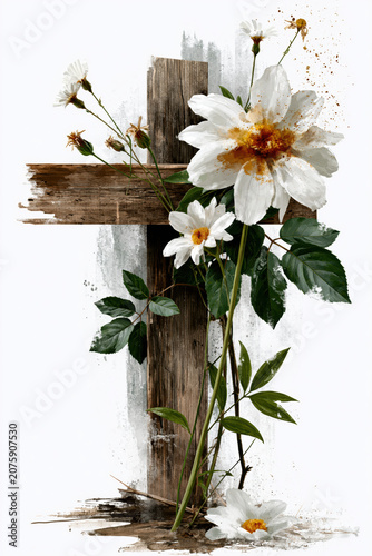 Rustic Floral Wooden Cross AI Generative