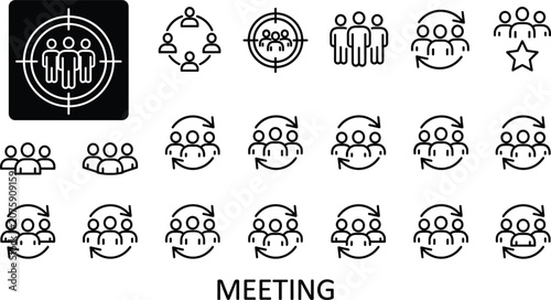 Minimalist black line art icon collection featuring business corporate meeting teamwork collaboration audience and group target symbols