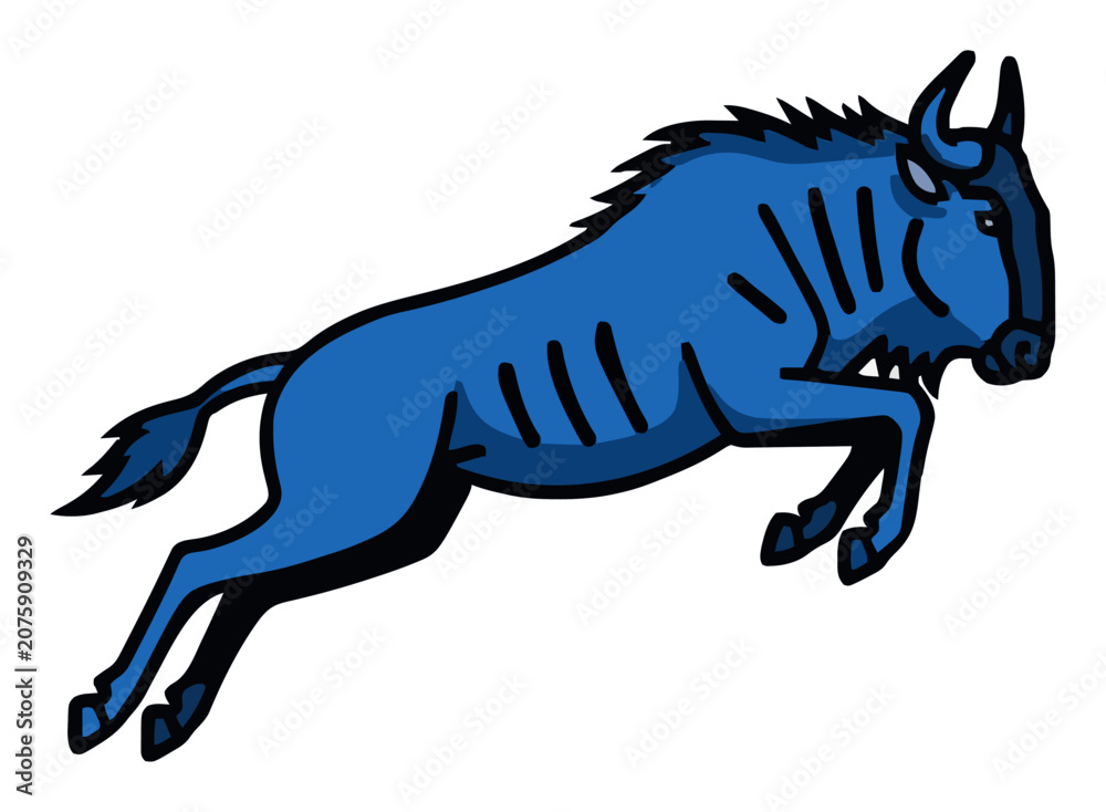 Fototapeta premium Blue wildebeest jumping in mid-air side view illustr.... Generative AI