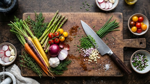 Premium Selection of Fresh Farm Vegetables Arranged on a Rustic Luxury Wooden Cutting Board for Healthy Gourmet Cooking