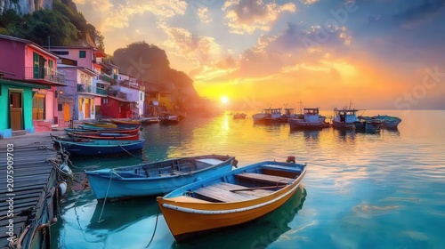 Colorful waterfront buildings reflect in calm water during a vibrant sunset with boats docked.