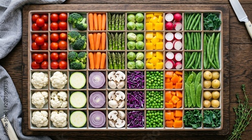 A Premium Collection of Luxury Fresh Vegetables Carefully Organized in a Rustic Wooden Tray for Healthy Gourmet Cooking