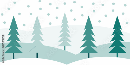 Obraz na plátně Pine trees and snowscape a flat vector illustration on white background