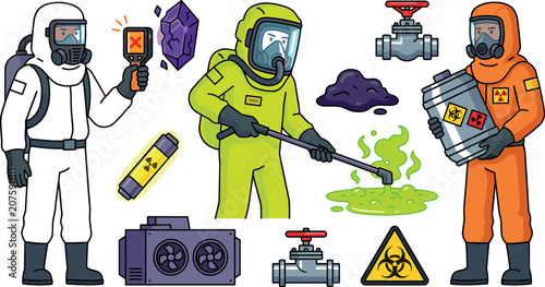 Obraz na płótnie Hazardous Waste and Nuclear Radiation Response Team Set with Hazmat Suit Workers