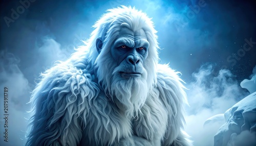A majestic and imposing Yeti emerges from the misty, snow-covered mountains.