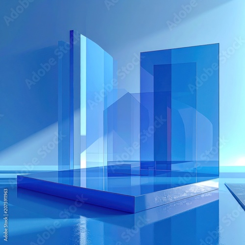 Abstract architectural forms constructed from translucent blue glass.