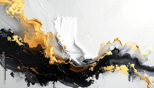 An abstract artwork featuring flowing textures of black, white, and gold paint.