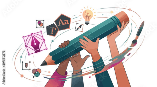Collaborative creative process, diverse hands illustrate design, ideation, and innovation
