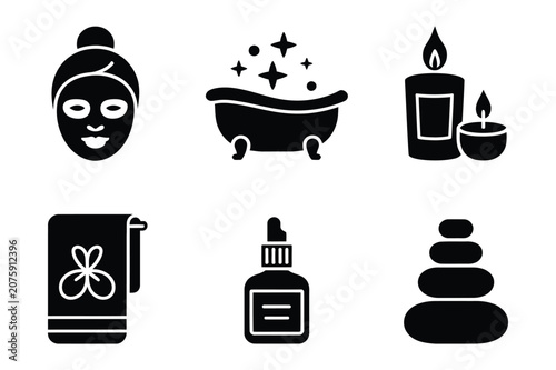 Photography Spa beauty and wellness treatment icons set with facial mask and massage stones