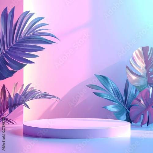 A minimalist podium surrounded by tropical leaves under soft pink and blue lighting.