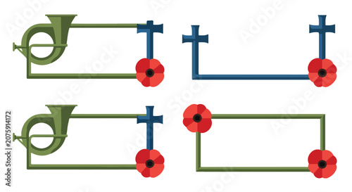 Schilderij op canvas Remembrance Day Border Frames, Poppy and Bugle Design, Flat Vector Graphic, Memo