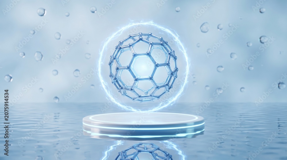 Naklejka premium Abstract Molecular Structure Glowing on Pedestal with Water Droplets