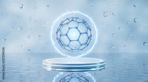 Abstract Molecular Structure Glowing on Pedestal with Water Droplets