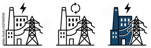 Tableau sur toile Power plant factory and electricity pylon tower icons set for industrial energy