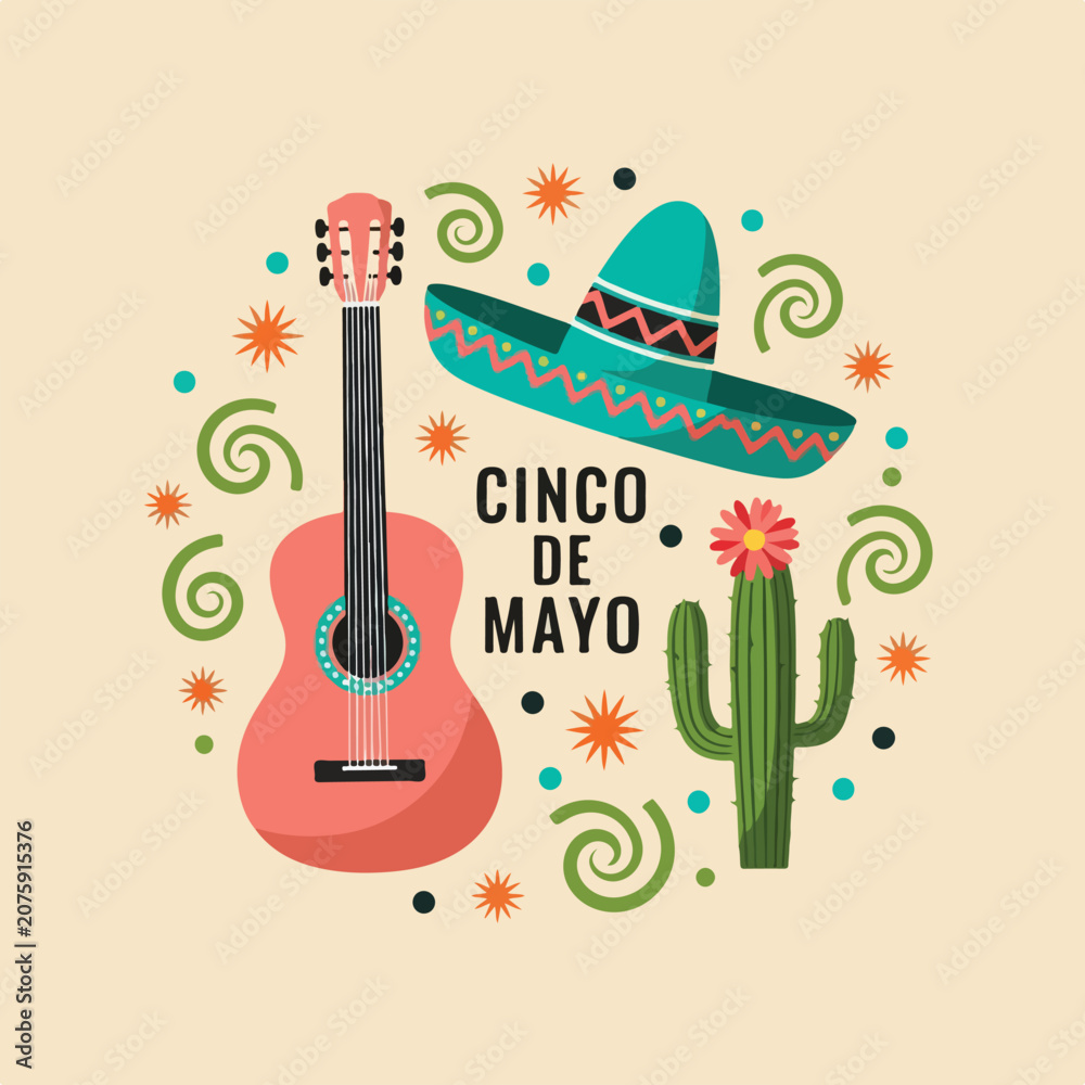 Obraz premium Cinco De Mayo. Mexican Holiday Illustration. Festive Sombrero Guitar Cactus Design. Vector Graphic.