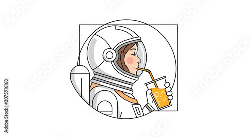 Astronaut Woman Drinking Orange Juice in Space Suit, Sci-Fi Lifestyle Illustration