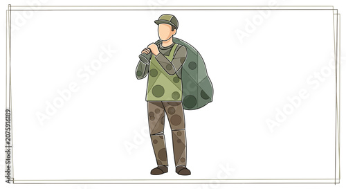 Camouflaged Hunter with Backpack in Forest - Stealthy Outdoor Adventure