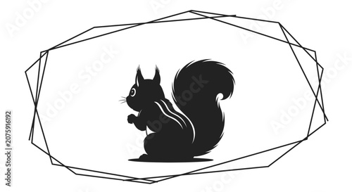 Black Silhouette of a Squirrel Sitting Inside a Geometric Frame, Minimalist Design