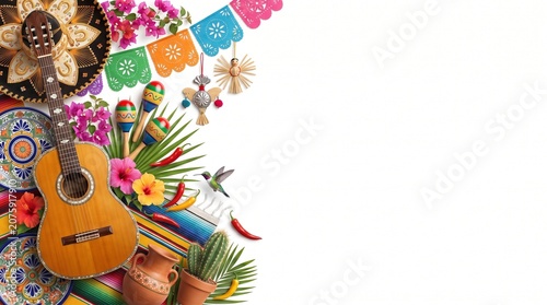 ​Mexican culture background with guitar, sombrero, maracas, and traditional decorations isolated on white background, top view