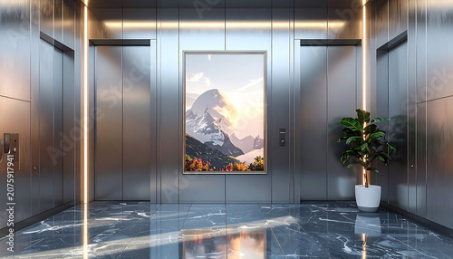 Modern elevator lobby with metallic walls and a framed window display of snowy mountain landscape