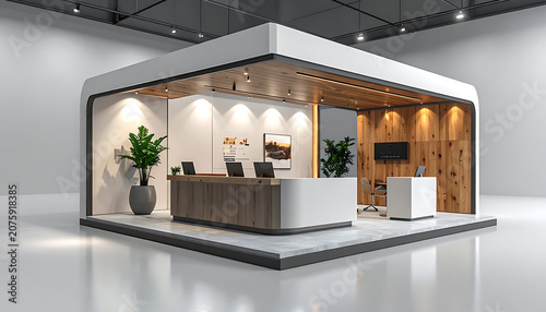 Modern exhibition booth stand design with wood paneling and marble flooring, retail store interior, promotional pop-up showcase
