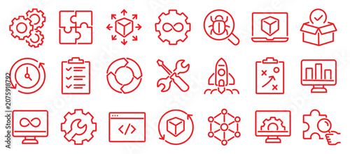 Cuadro en lienzo DevOps development and operations concept editable stroke outline icons set isolated on white background flat vector illustration