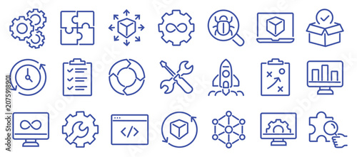 Photos DevOps development and operations concept editable stroke outline icons set isolated on white background flat vector illustration