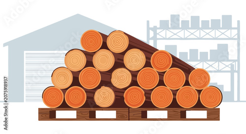 Fotografie Stacked Timber Logs, Industrial Warehouse Background, Flat Vector Illustration,