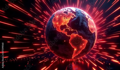 A striking close-up of planet Earth suspended in the darkness of space, its continents glowing an intense vibrant red with luminous streaks radiating outward from the globe, 4K, HD Video