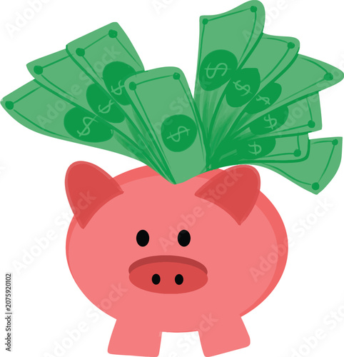 Pink Piggy Bank With Green Dollar Banknotes Fanning Out From The Top Representing Overflowing Savings, Financial Abundance, Cash Surplus, Prosperous Investment, And Growing Personal Wealth