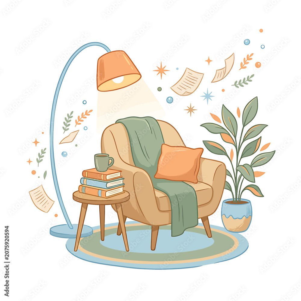Obraz premium Cozy armchair with green throw blanket.