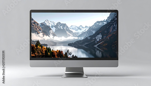 Modern desktop computer monitor showing a scenic mountain lake landscape, high resolution screen display, electronic equipment for workspace or business office