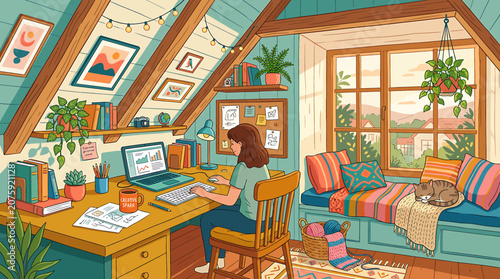 Cozy Attic Workspace with Woman Working at Desk.