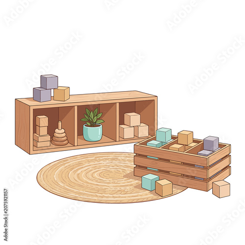 Quadro su tela Wooden toy blocks and shelves arrangement.