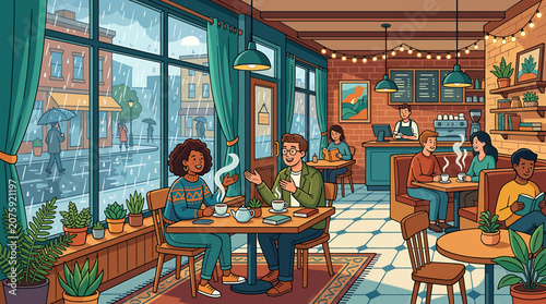 Cozy Caf Interior with People Socializing and City View.