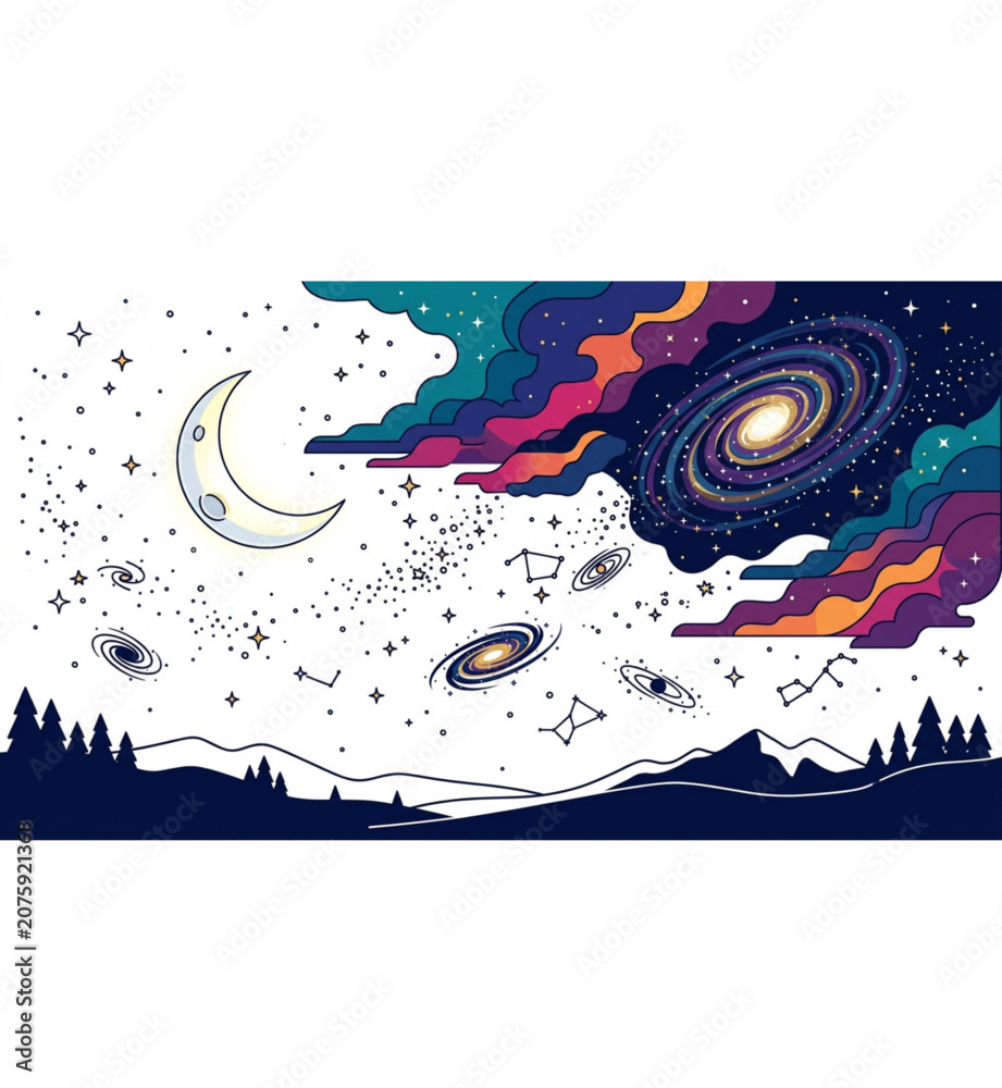 Obraz premium Cosmic Star Filled Night Sky with Moon and Constellations Vector Illustration